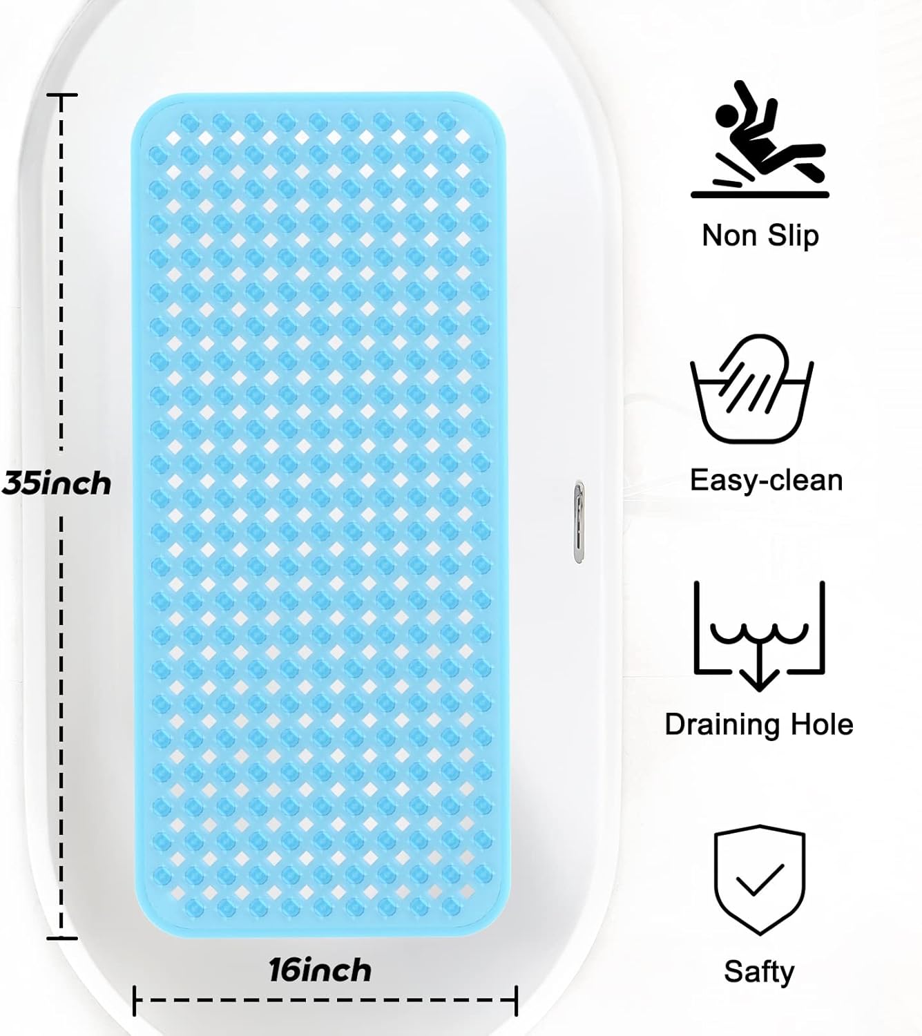 Bath Mat Anti Slip Shower Mat Anti Mould 88x40cm Mat  for Inside Bath Blue