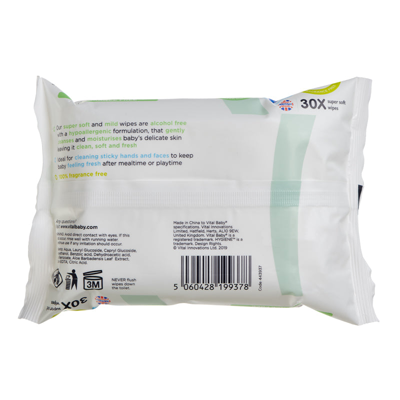 Vital Baby Hygiene Super Soft Hand & Face Wipes - Fragrance Free 30Pk Baby Products Wholesaler