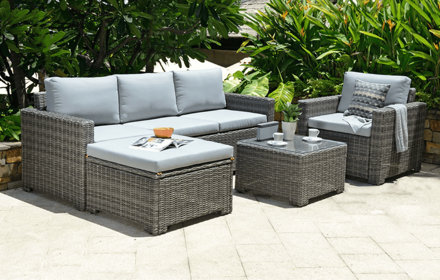 Marbella Grey 5-Seater Garden Sofa Set with Ottoman and Cover Bundle MINT Outdoor