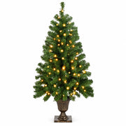 4 FT Pre-lit Artificial Christmas Tree with Trophy Shaped Base, Potted Xmas Tree with 120 Warm Lights, 211 Branch Tips and Remote Control for Holiday Party Office Home, Green