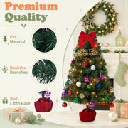 3FT Pre-Lit Artificial Christmas Tree, Green PVC Mini Xmas Tree with 50 Warm White LED Lights (8 Modes), 120 Branch Tips, Tree Topper Star, Bow & Letter Sign Decorations, Red Cloth Wrapped Base, Battery Operated