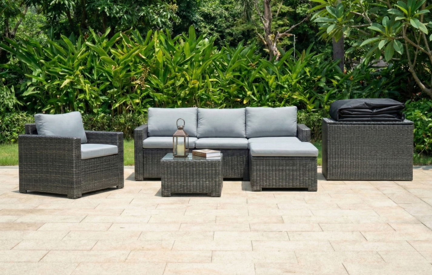 Marbella Grey 5 Seater Chaise Garden Sofa Set, Cover and Cushion Box Bundle MINT Outdoor