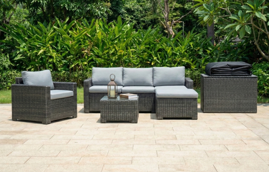 Marbella Grey 5 Seater Chaise Garden Sofa Set, Cover and Cushion Box Bundle MINT Outdoor