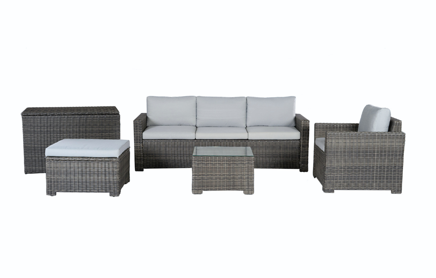 Marbella Grey 5 Seater Chaise Garden Sofa Set, Cover and Cushion Box Bundle MINT Outdoor