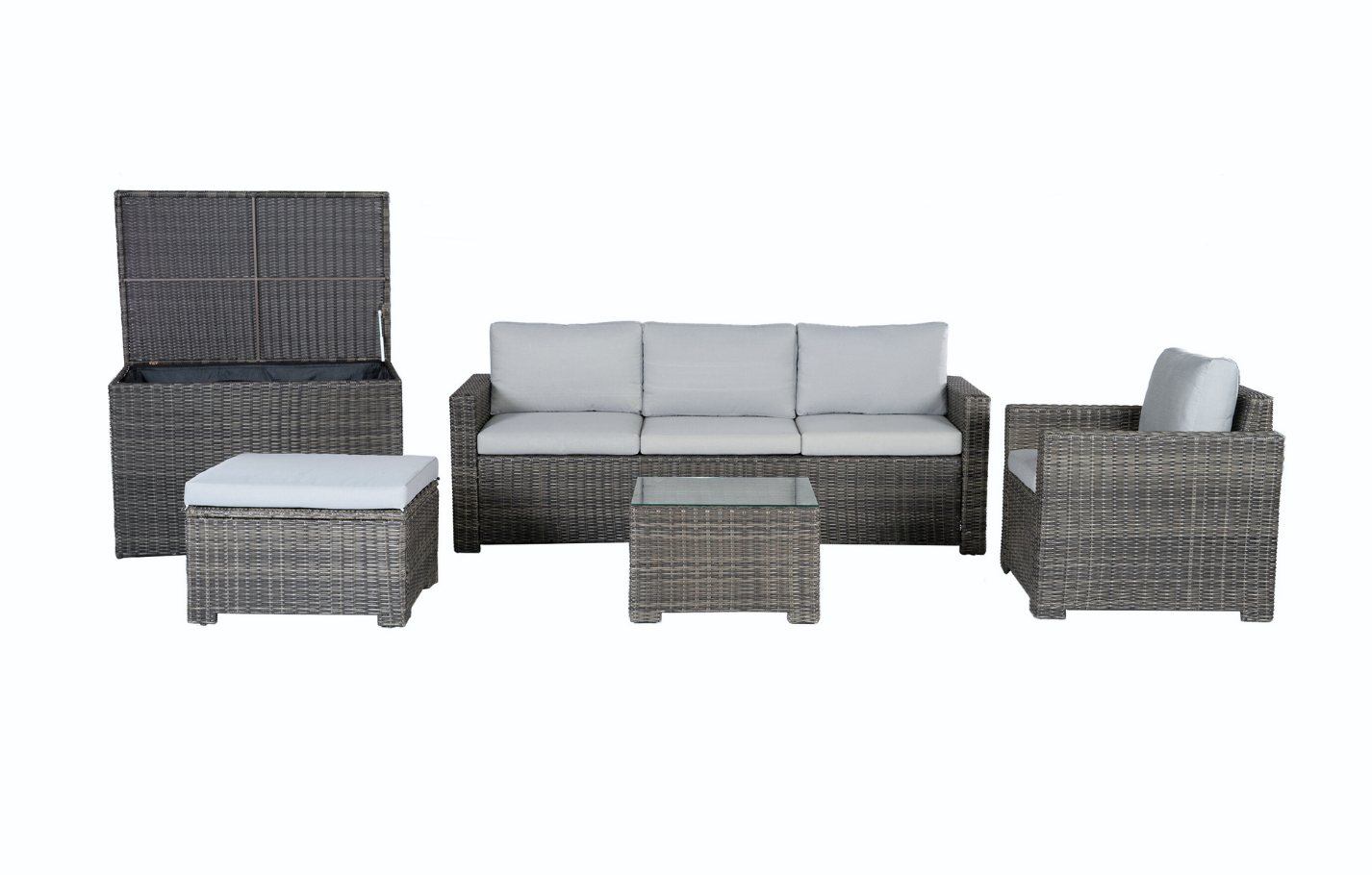 Marbella Grey 5 Seater Chaise Garden Sofa Set, Cover and Cushion Box Bundle MINT Outdoor