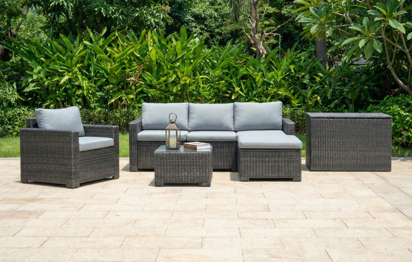 Marbella Grey 5 Seater Chaise Garden Sofa Set and Cushion Box Bundle MINT Outdoor