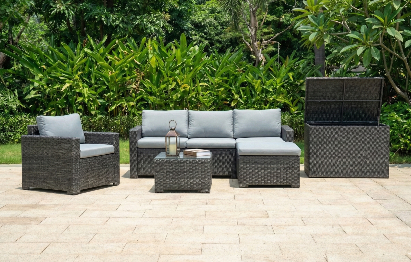 Marbella Grey 5 Seater Chaise Garden Sofa Set and Cushion Box Bundle MINT Outdoor