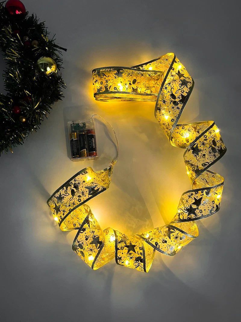 Christmas Tree Ribbon Lights 5M Gold LED Battery Powered Garland Xmas Decoration