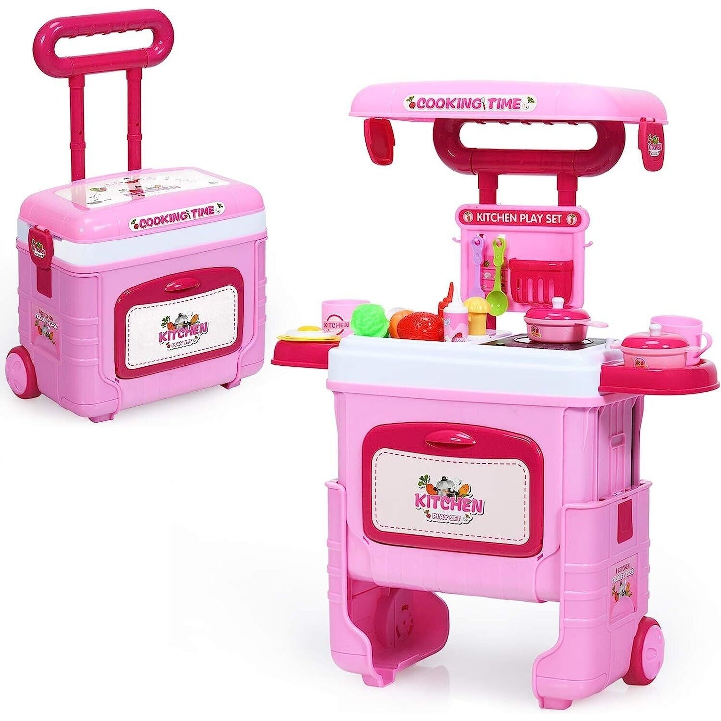 Kids Kitchen Play Set Convertible Role Pretend Trolley Case Wheels 2-in-1 Toy