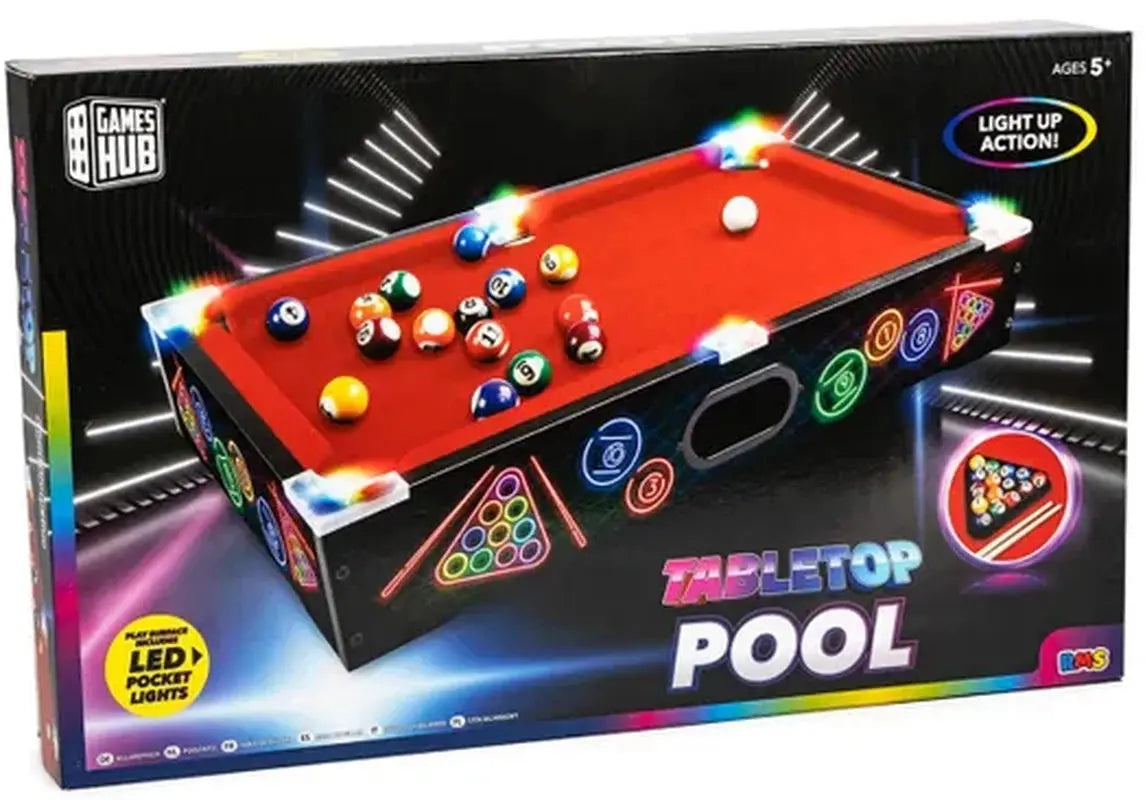 LED Tabletop Pool Table Game with Light Up Pockets 2 Cues Balls and Chalk Set Unbranded
