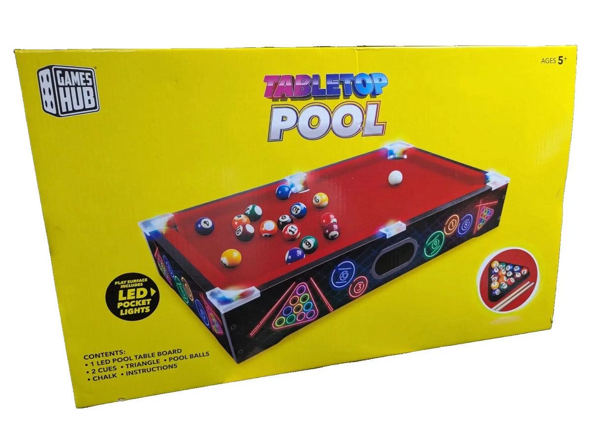 LED Tabletop Pool Table Game with Light Up Pockets 2 Cues Balls and Chalk Set Unbranded