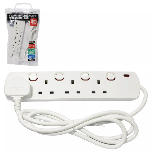 4 Gang Extension Socket Lead Cable Electric 13a Mains Power Adaptor Switch 2m