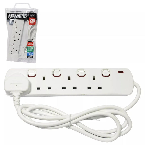 4 Gang Extension Socket Lead Cable Electric 13a Mains Power Adaptor Switch 2m Elpine