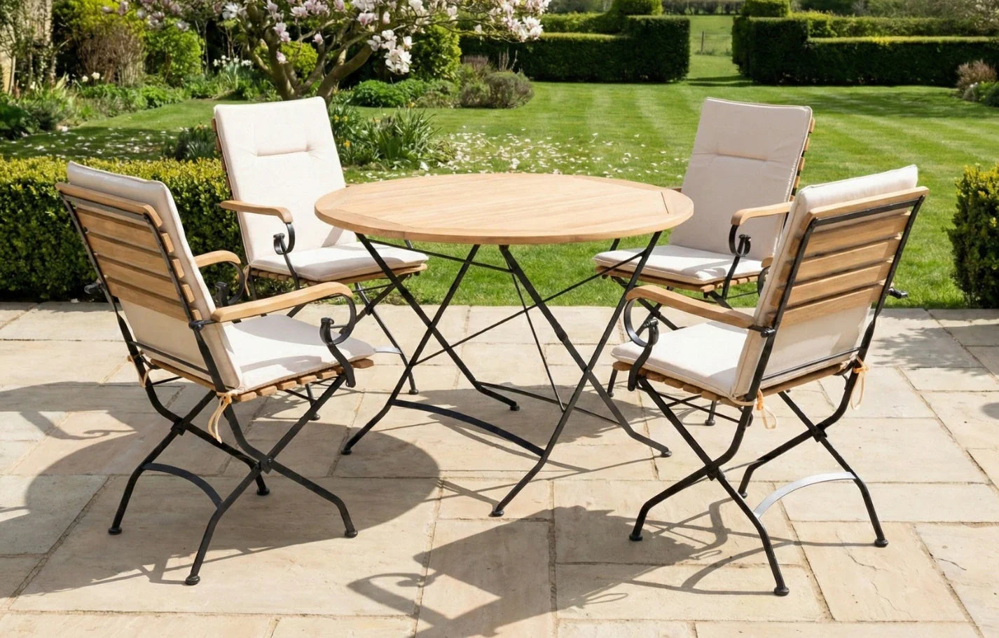 Sicily 4 Seater Teak and Wrought Iron Round 110cm Garden Dining Set MINT Outdoor