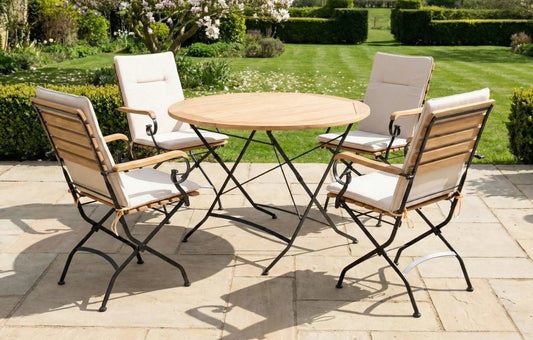 Sicily 4 Seater Teak and Wrought Iron Round 110cm Garden Dining Set MINT Outdoor