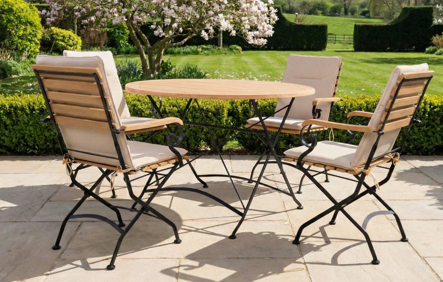 Sicily 4 Seater Teak and Wrought Iron Round 110cm Garden Dining Set MINT Outdoor