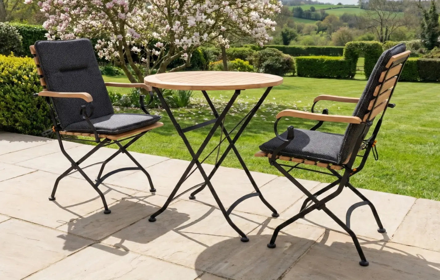 Sicily 2 Seater Teak and Wrought Iron Round 70cm Garden Dining Set MINT Outdoor