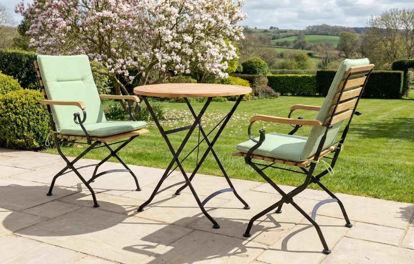 Sicily 2 Seater Teak and Wrought Iron Round 70cm Garden Dining Set MINT Outdoor