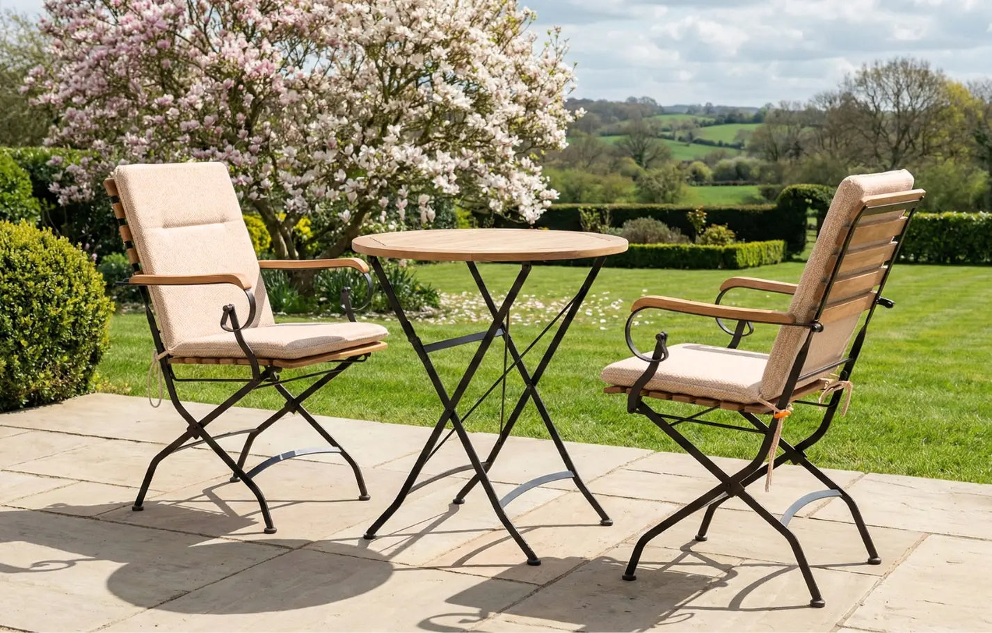 Sicily 2 Seater Teak and Wrought Iron Round 70cm Garden Dining Set MINT Outdoor