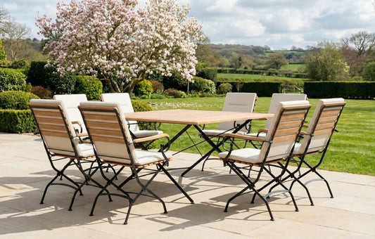 Sicily 8 Seater Teak and Wrought Iron Square 140cm Garden Dining Set MINT Outdoor