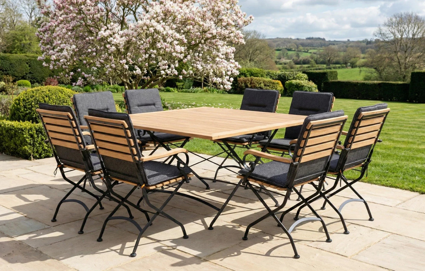 Sicily 8 Seater Teak and Wrought Iron Square 140cm Garden Dining Set MINT Outdoor