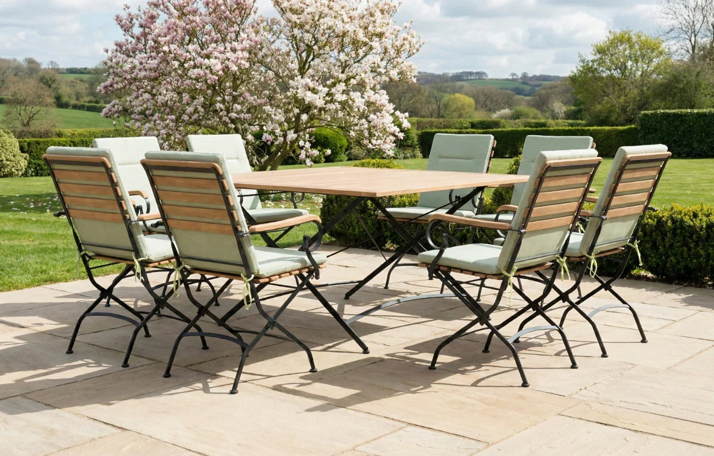 Sicily 8 Seater Teak and Wrought Iron Square 140cm Garden Dining Set MINT Outdoor