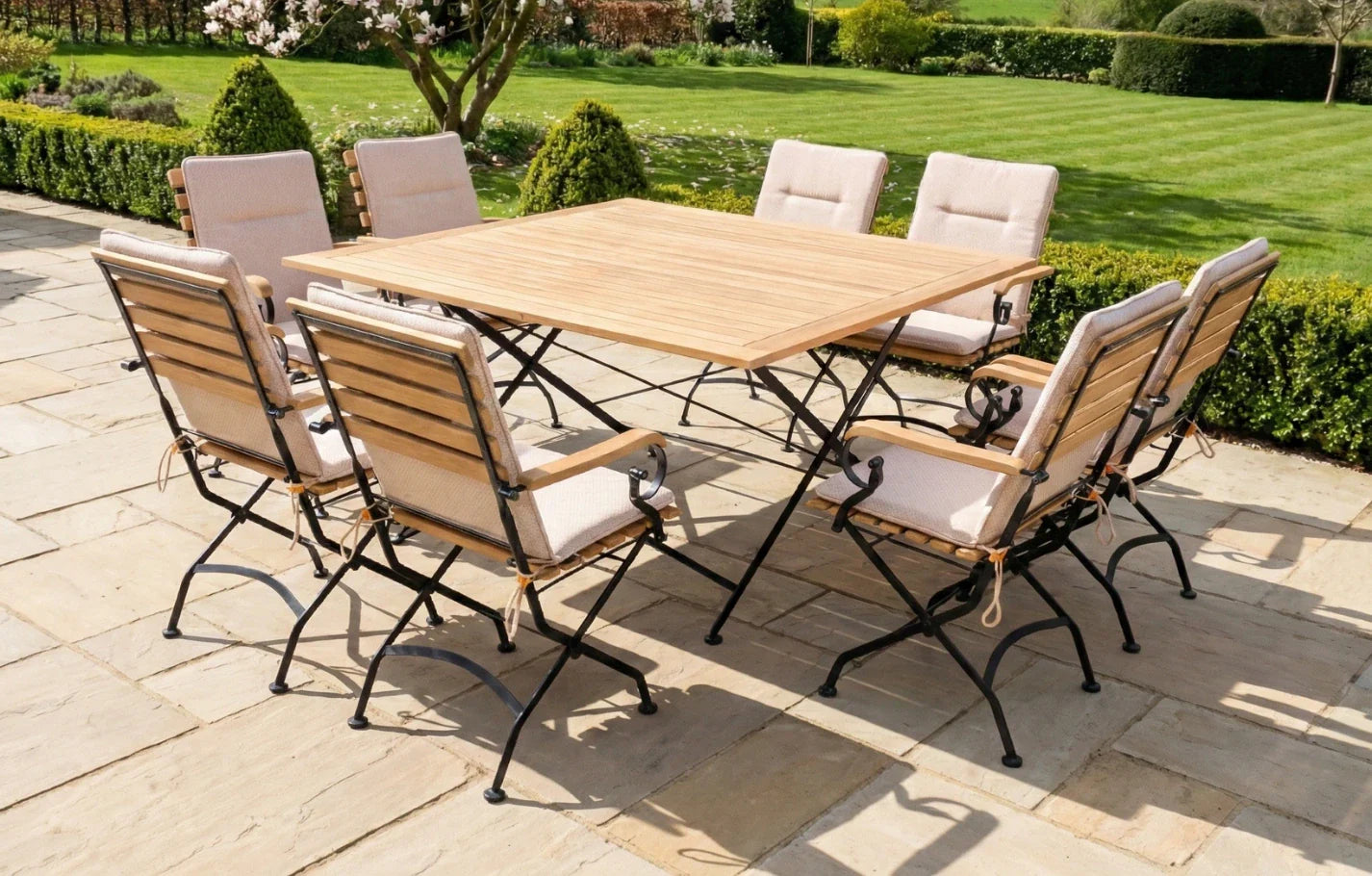 Sicily 8 Seater Teak and Wrought Iron Square 140cm Garden Dining Set MINT Outdoor
