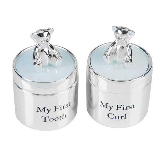Bambino Silverplated First Tooth & Curl Set Blue Keepsake Infant Memory
