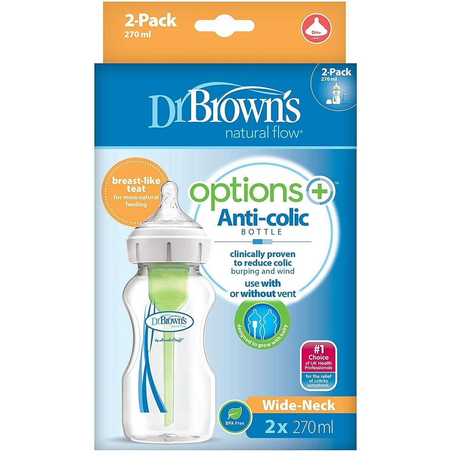 Dr Brown's Options+ Anti-Colic Baby Bottles Breast-Like Shaped Teat 270ml 2 Pack