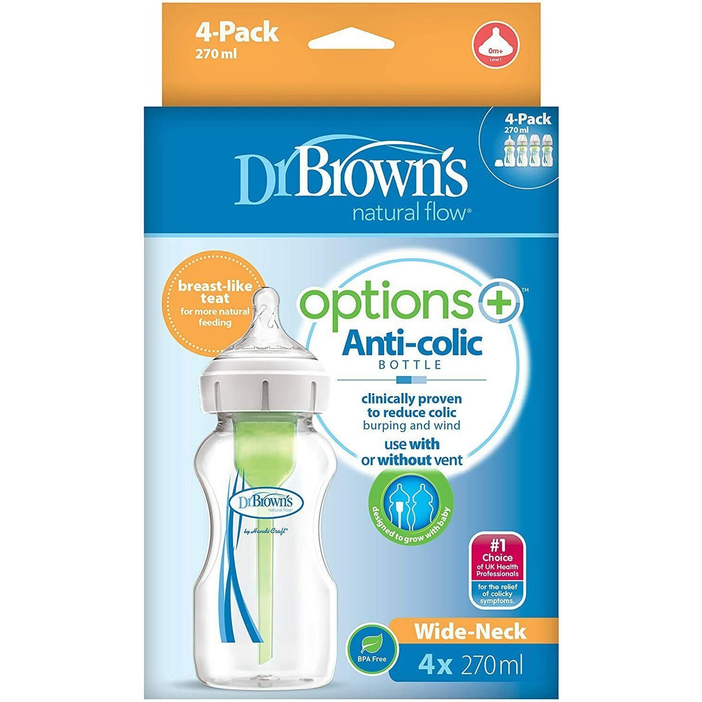 Dr Brown’s Options+ Anti-Colic Baby Feeding Milk Bottles 4 x 270 ml