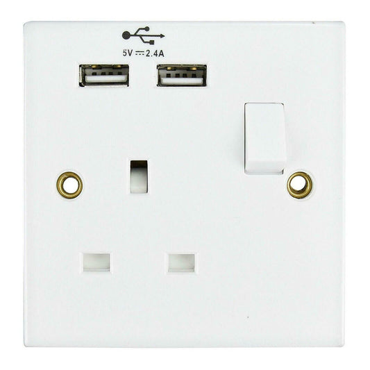 Single Switched Electric Socket Mains Wall USB 1 Gang White Plug Outlet 13AMP