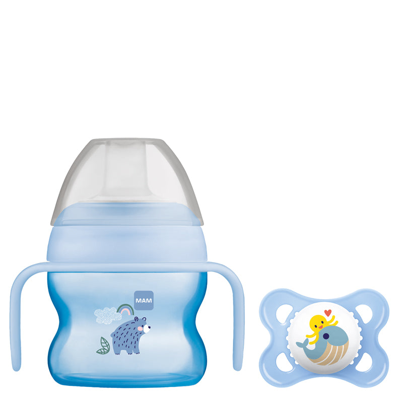 MAM Baby boys Girls Starter Cup Blue 150ml with Handles and Soother