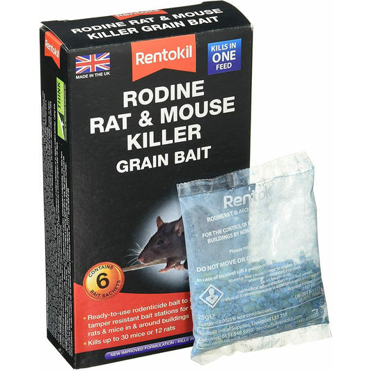 Rentokil Rodine Rat & Mouse Killer Grain Bait Poison 6 Sachets Kills in One Feed