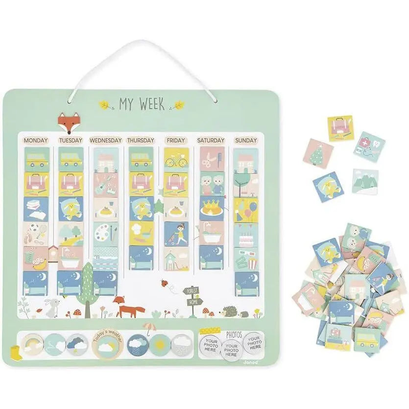 Janod Wooden Educational Planner Toy 45 x 45 cm-88 Magnets Learning English 3y+ Deal For Any Occasion