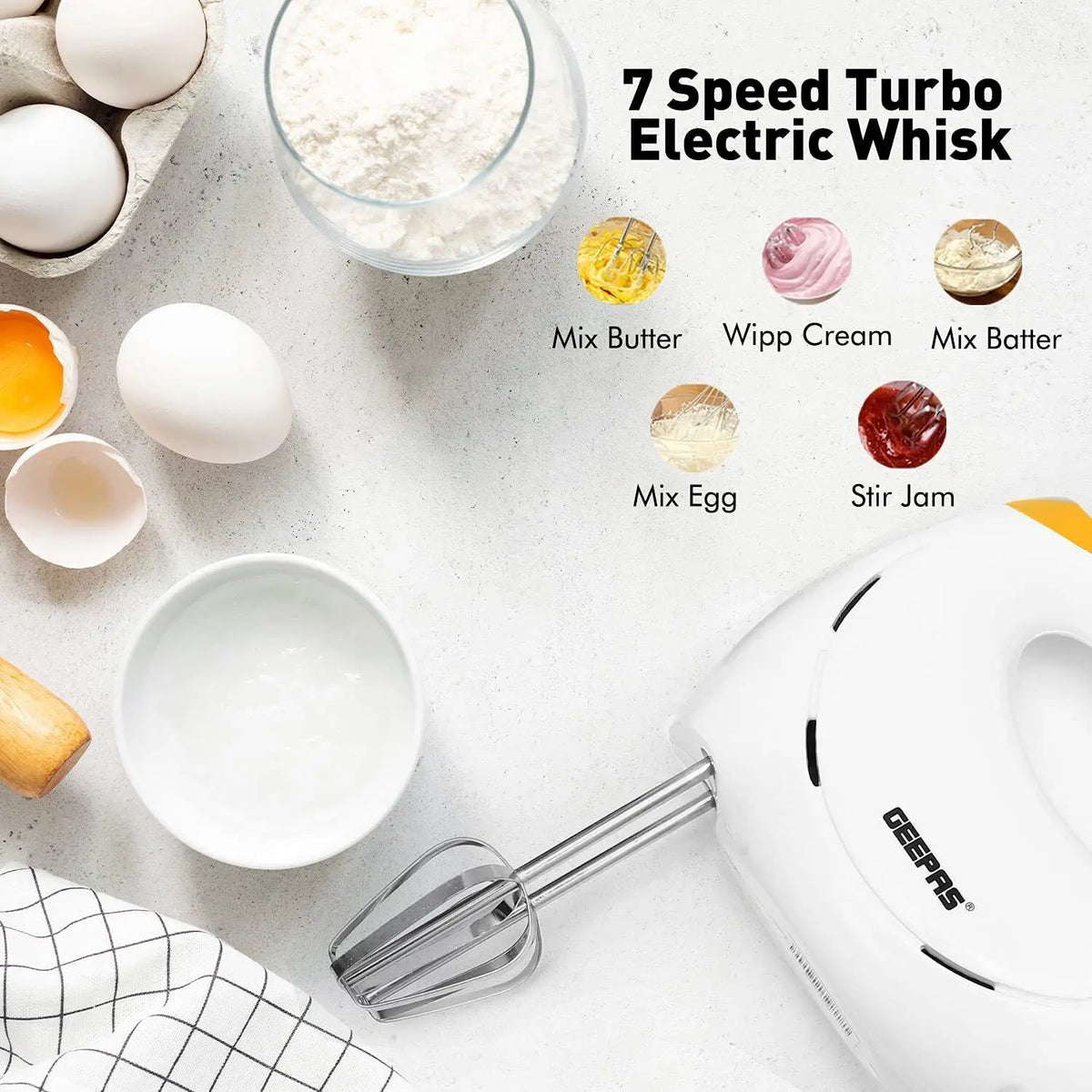 Geepas Electric Kitchen Hand Mixer Food Whisk 7 Speeds & Turbo Dough Hooks 150W Deal For Any Occasion