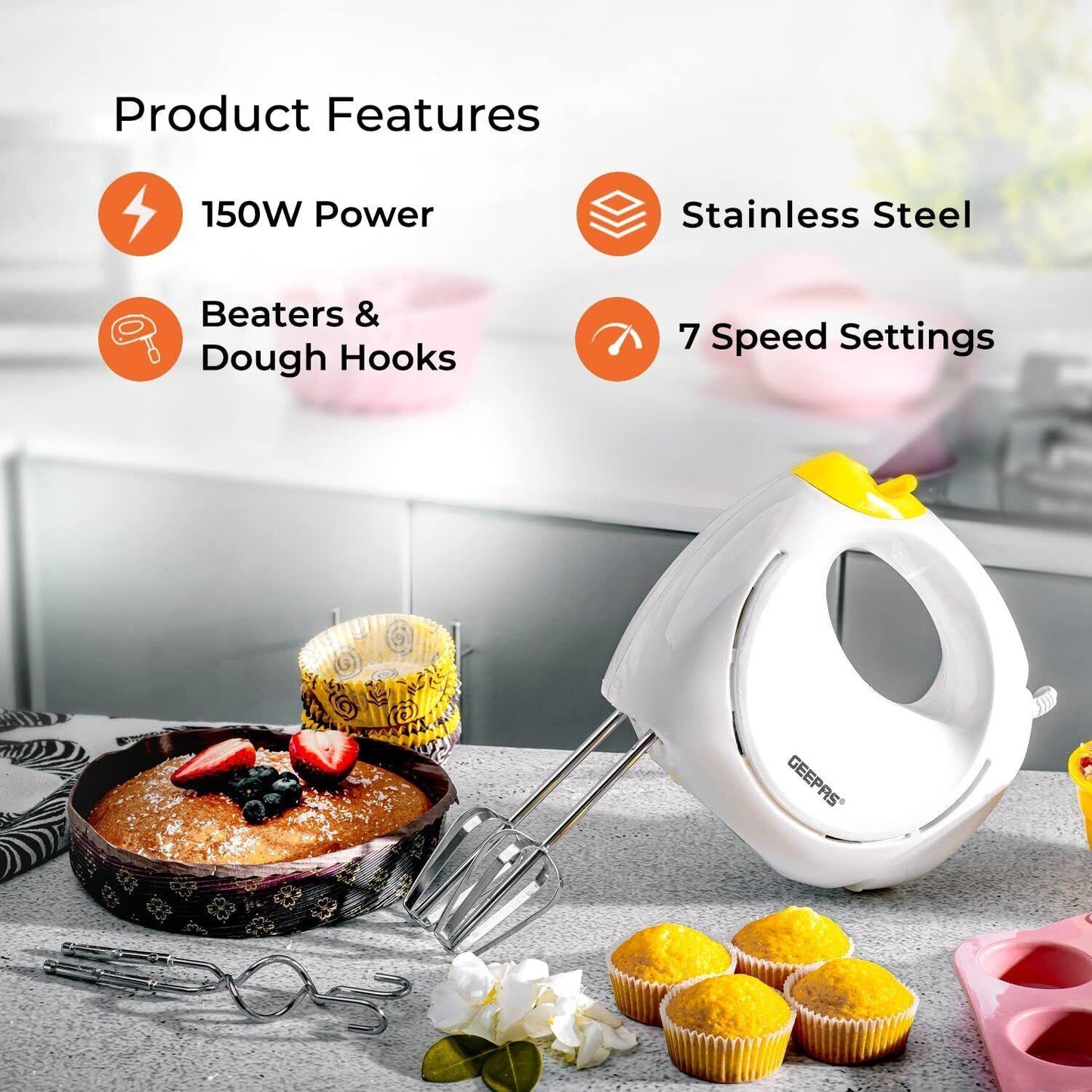 Geepas Electric Kitchen Hand Mixer Food Whisk 7 Speeds & Turbo Dough Hooks 150W